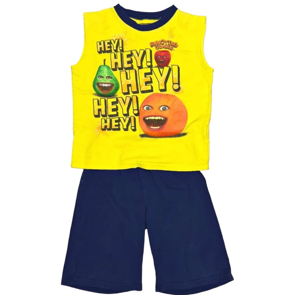 2013 Vintage Annoying Orange Yellow Sleeveless Hey Shirt Shorts Outfit Sz 4/5 T